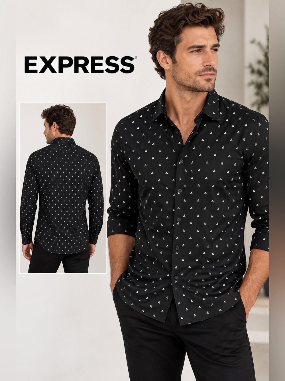 Express Extra Slim 1MX Button-Up Shirt Black Triangle Print Size M